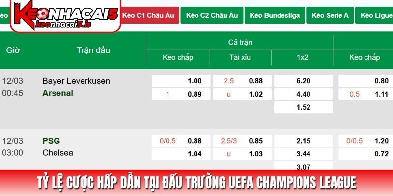 Tỷ lệ cược hấp dẫn tại đấu trường UEFA Champions League