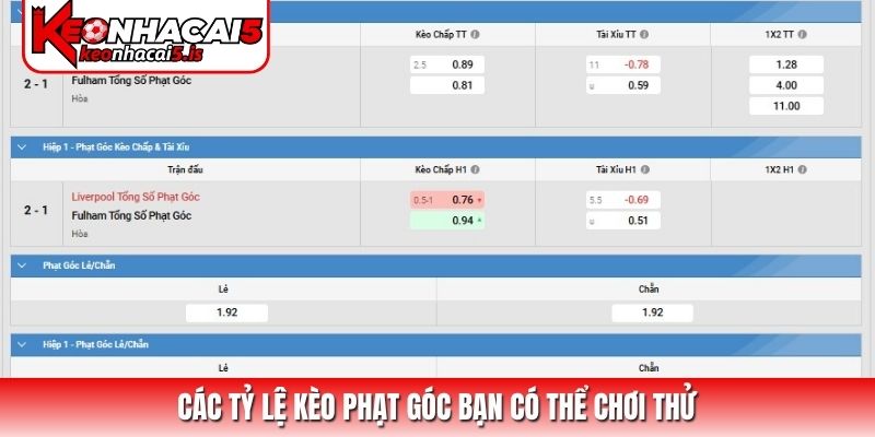 Các tỷ lệ kèo phạt góc bạn có thể chơi thử