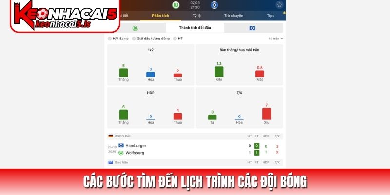 Các bước tìm đến lịch trình các đội bóng